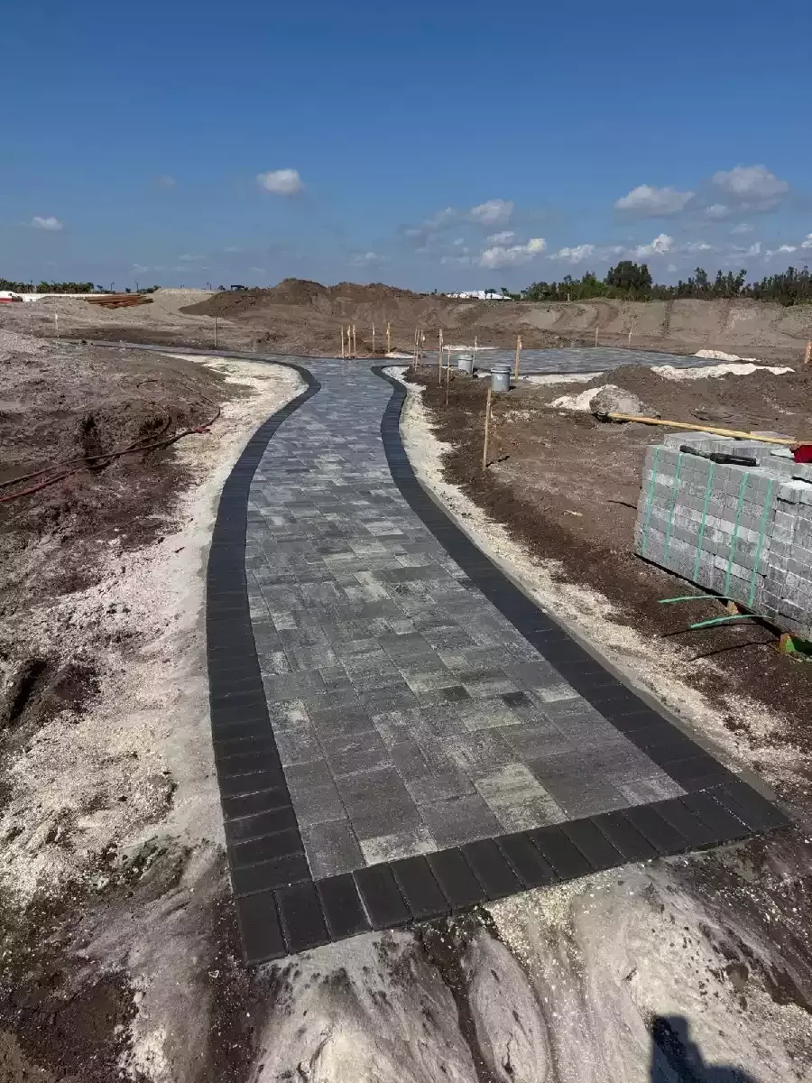 Curved gray concrete paver walkway with dark border in undeloped lot
