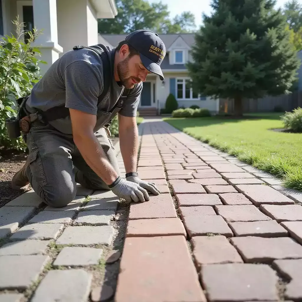 Contractor adjusting brick pavers during residential walkway repair