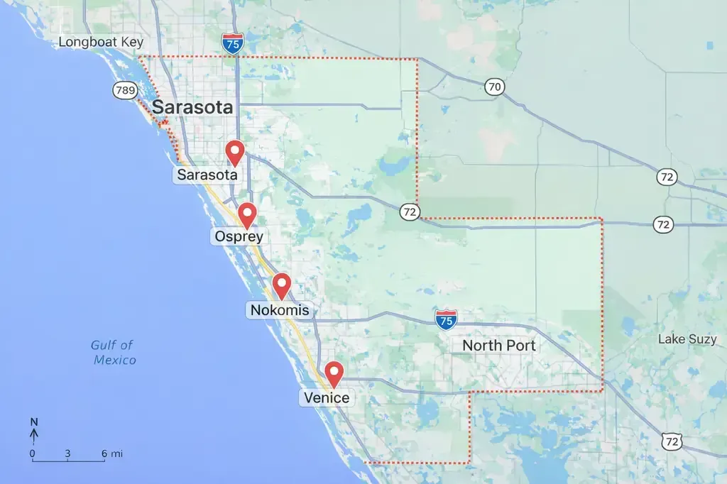 Map of Sarasota County Florida showing Sarasota, Osprey, Nokomis, Venice, and North Port marked with location pins