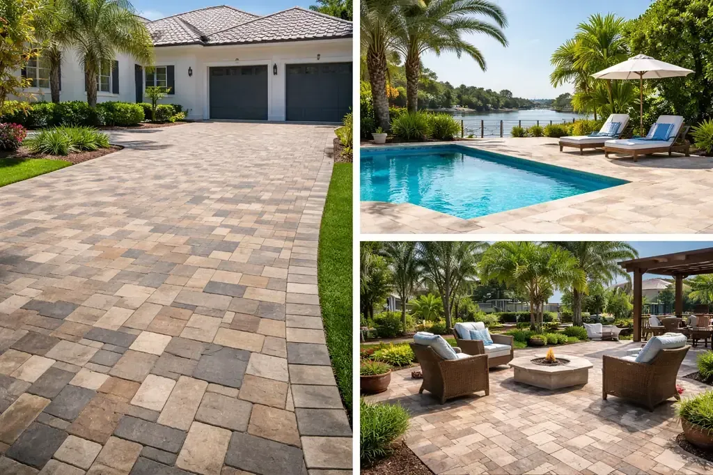 Paver driveway, pool deck, and patio outdoor living area with concrete pavers