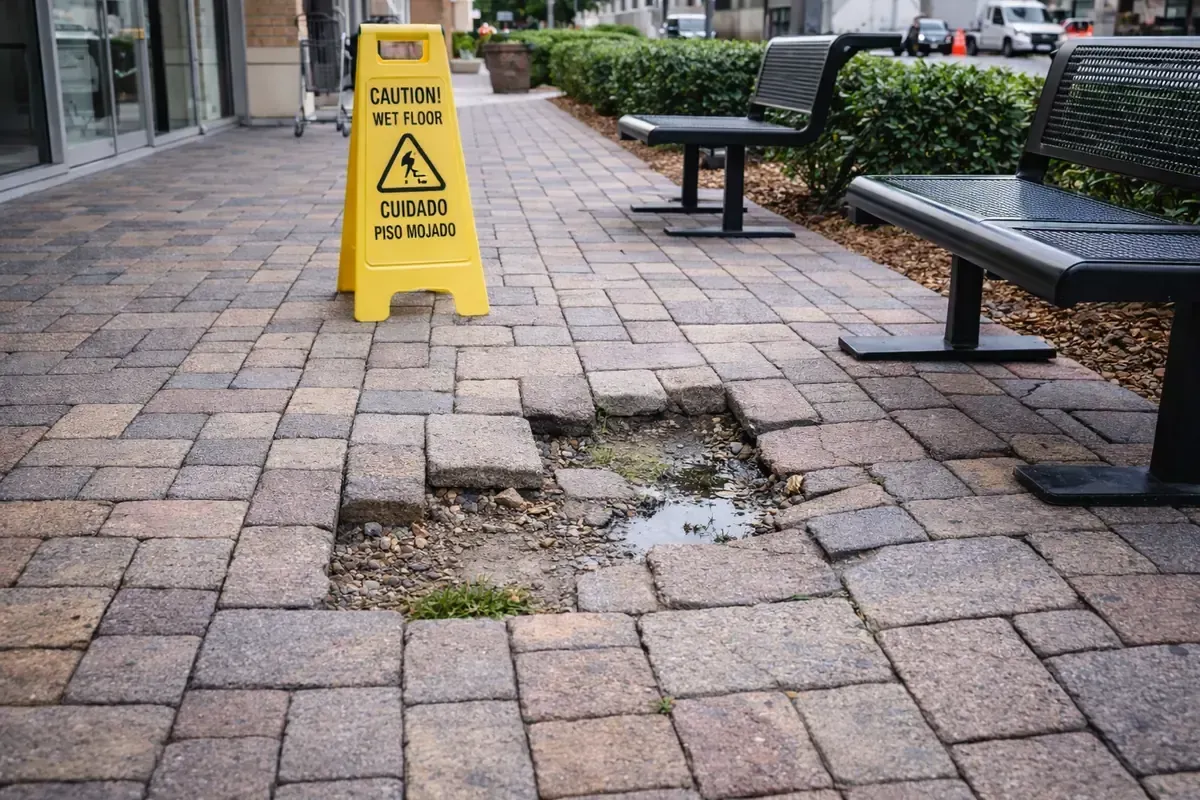 Severely settled pavers around storm drain opening