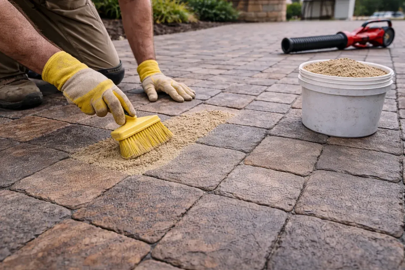 Applying joint sand between driveway pavers during maintenance