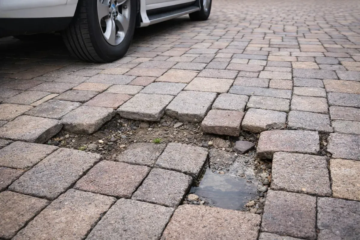 Driveway pavers with visible settlement and edge erosion