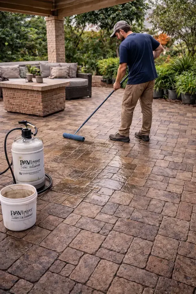 Technician applying sealer to patio pavers