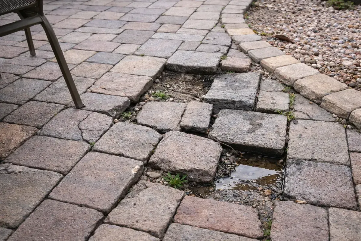 Uneven and cracked patio pavers with settlement damage