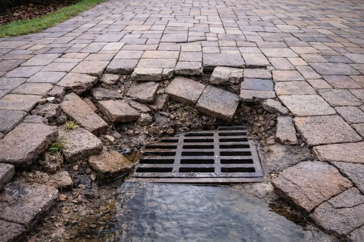Severely settled pavers around storm drain opening