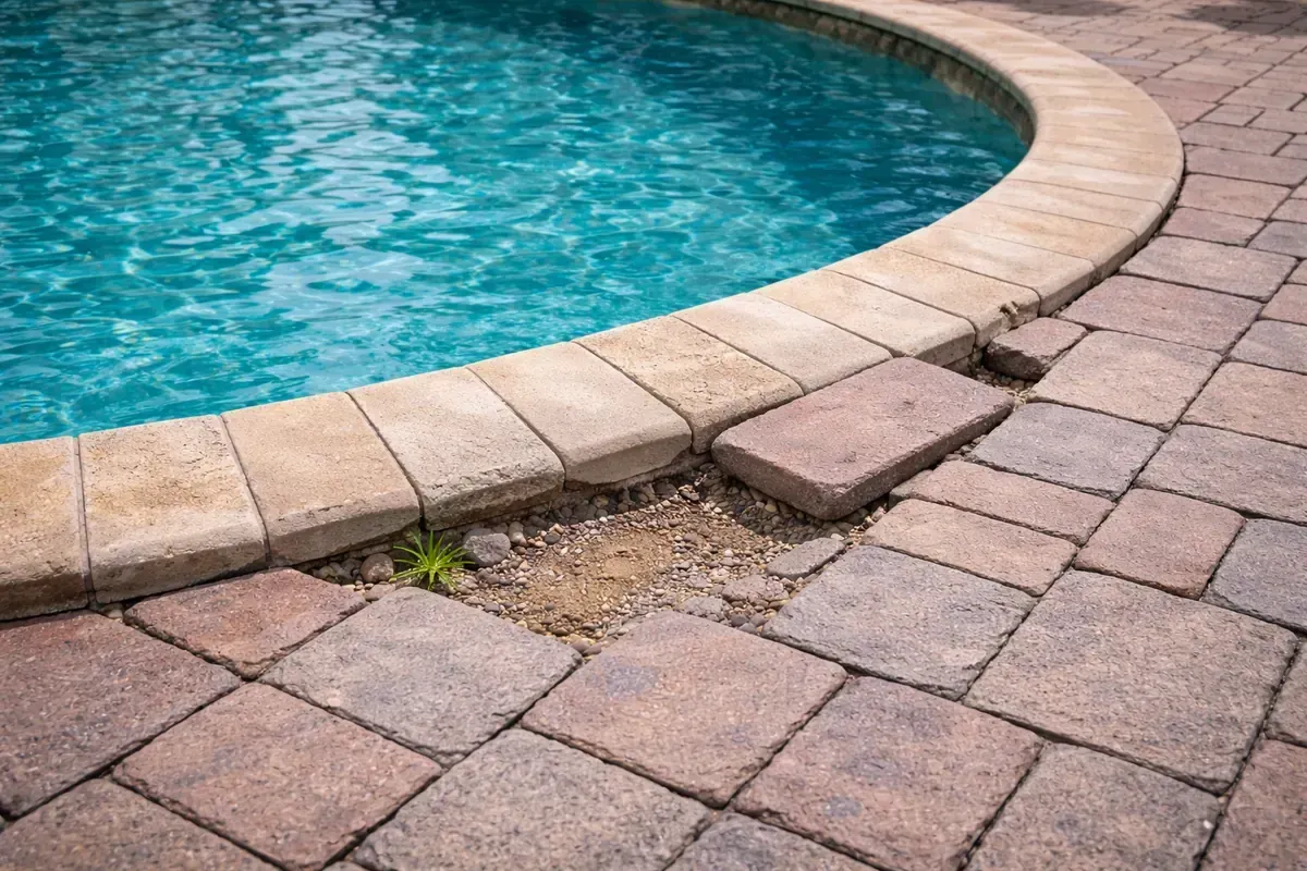Pool deck pavers separated and settled along curved edge
