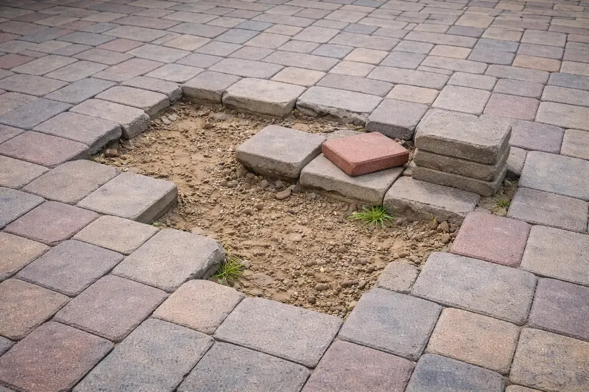 Sunken concrete pavers with exposed base material