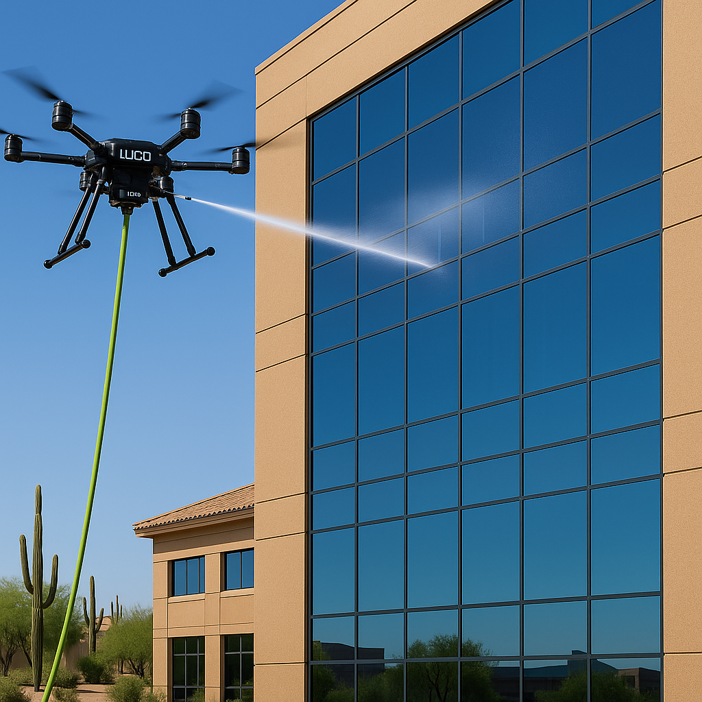 lucid sherpa drone cleaning a 5 story glass building in phoenix Arizona