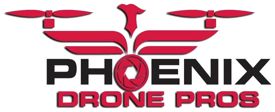 A red and black logo for phoenix drone pros