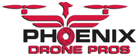 A red and black logo for phoenix drone pros