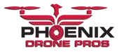 A red and black logo for phoenix drone pros.