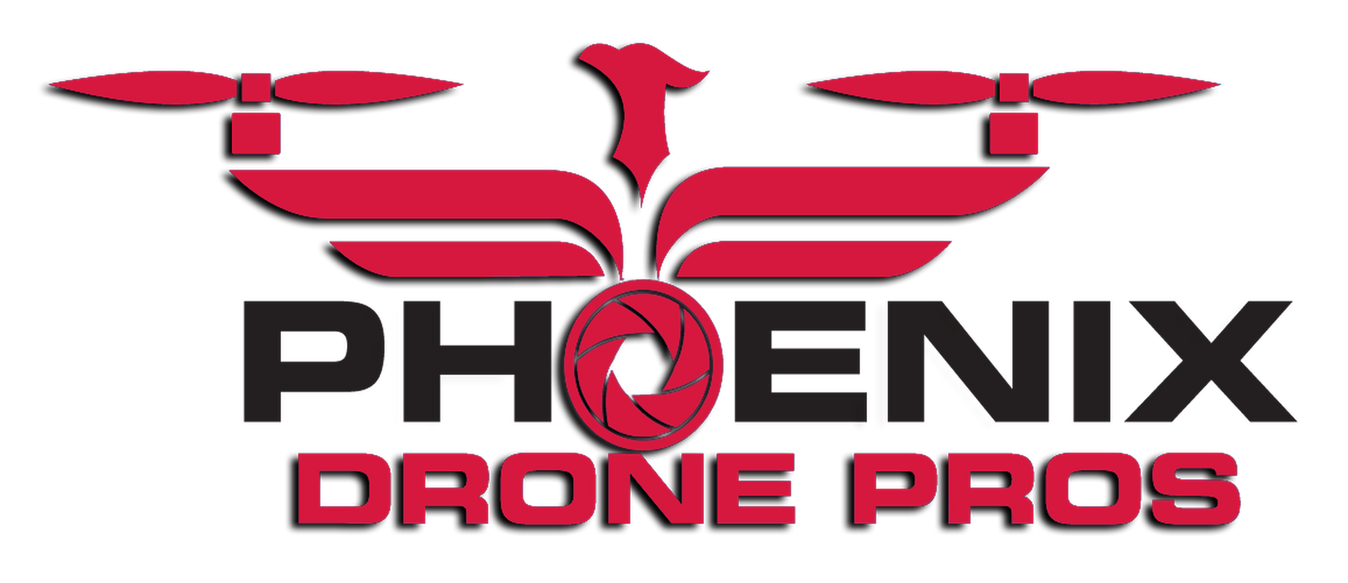 A red and black logo for phoenix drone pros.