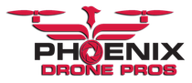 A red and black logo for phoenix drone pros.