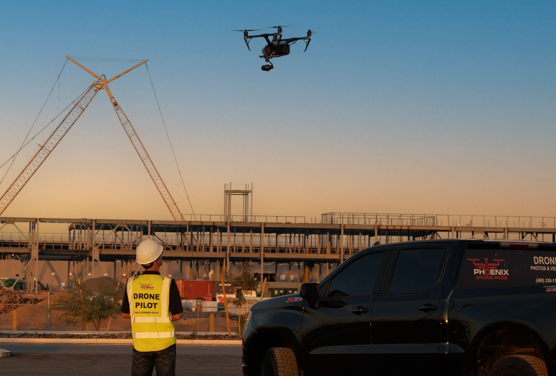 Photo by Phoenix Drone Pros, Robert Biggs, A man in a hard hat is standing next to a car while a drone flies overhead.