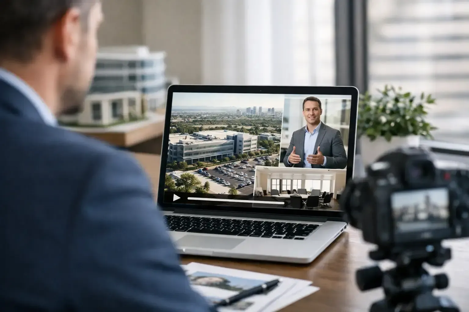 Person on a laptop video call presenting a city skyline from a desk, with a camera filming nearby