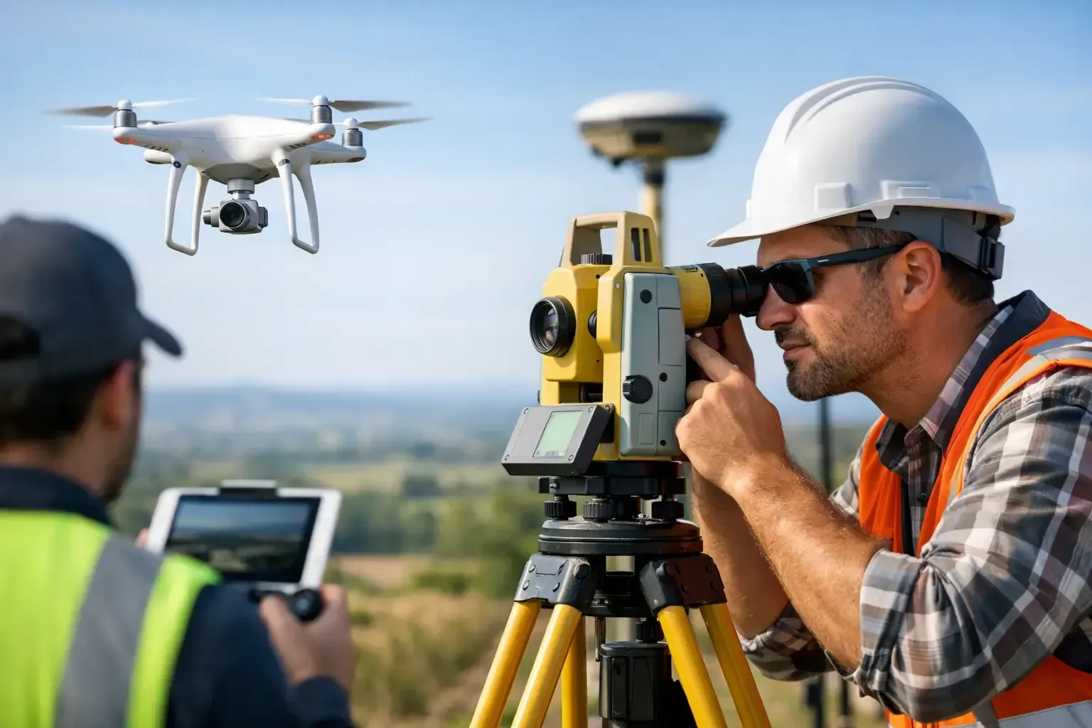 Surveyors using a drone and total station at a construction site outdoors