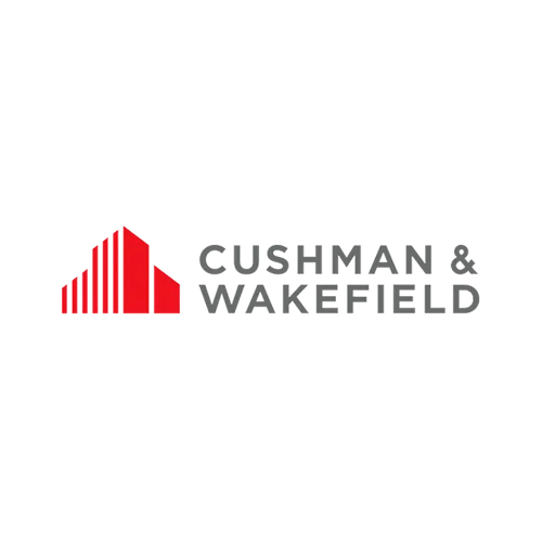 The logo for cushman & wakefield is a red and gray logo with a building in the middle.