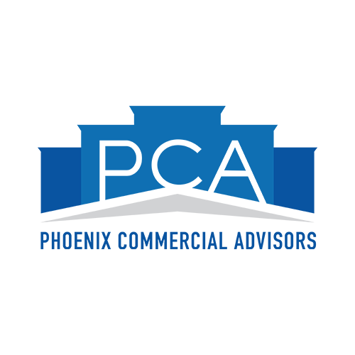 The logo for phoenix commercial advisors is a blue building with a roof.