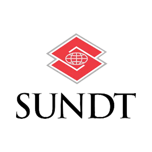 A red and white logo for sundt with a globe in the middle