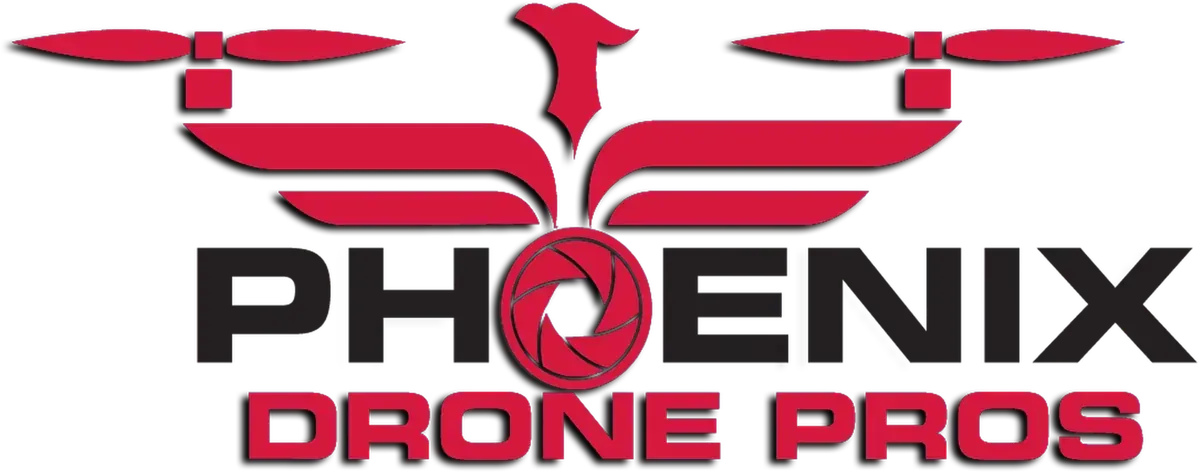 A red and black logo for phoenix drone pros.