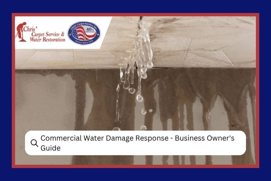 Commercial Water Damage Response - Business Owner's Guide cover with water leaking from ceiling and logo