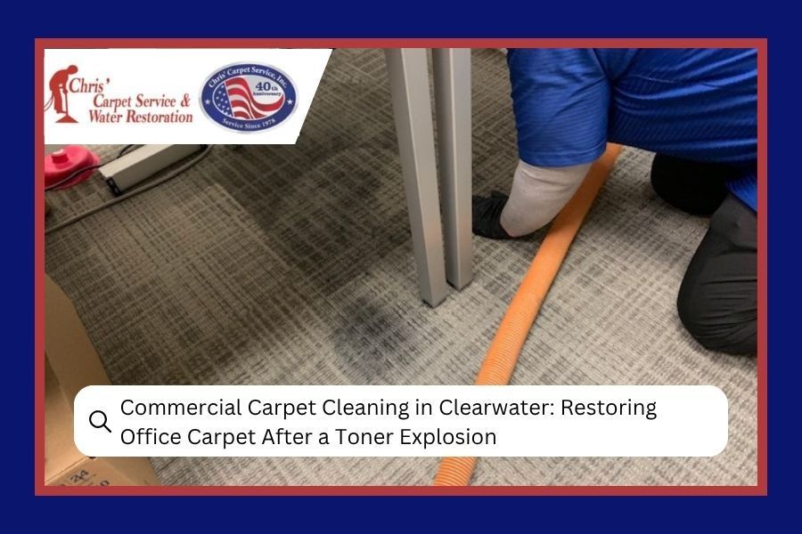 Worker cleaning carpet with orange hose in an office after a toner explosion