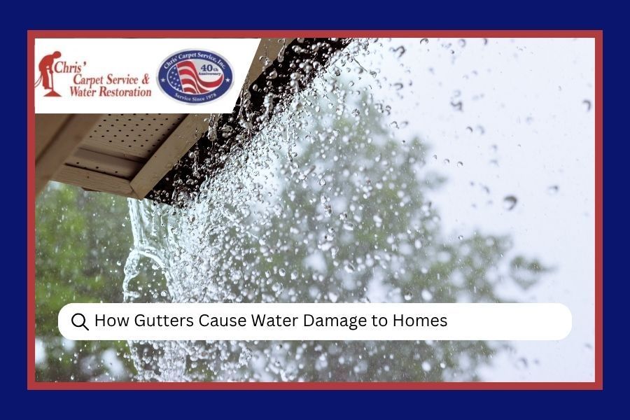 Rain splashing from a gutter beside a house with the title “How Gutters Cause Water Damage to Homes”