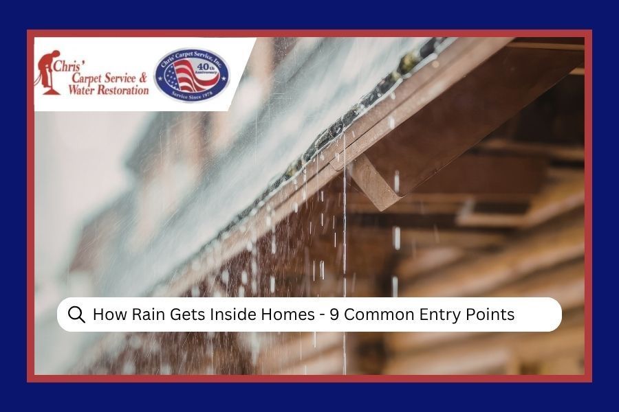 Rain dripping from a roof edge with text about how rain gets inside homes and common entry points