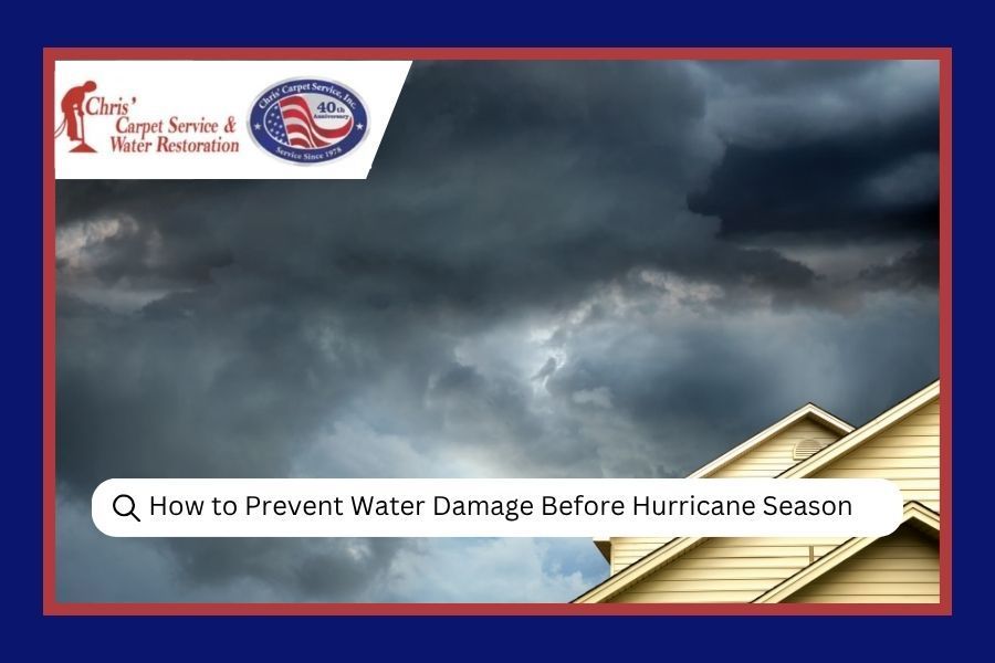 Stormy sky over a house roof with banner: “How to Prevent Water Damage Before Hurricane Season”