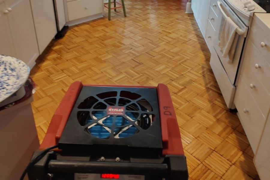 Industrial dehumidifiers and air movers drying out a water-damaged room