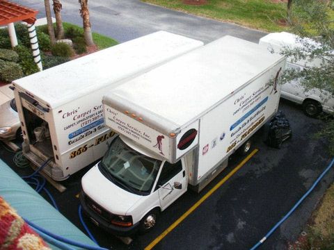 Chris’ Carpet Service & Water Restoration company van parked in Largo FL, ready for water damage restoration and carpet cleaning service.