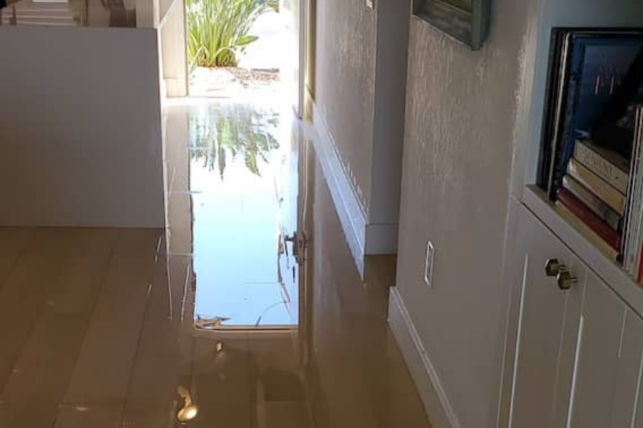 Flooded house interior with standing water