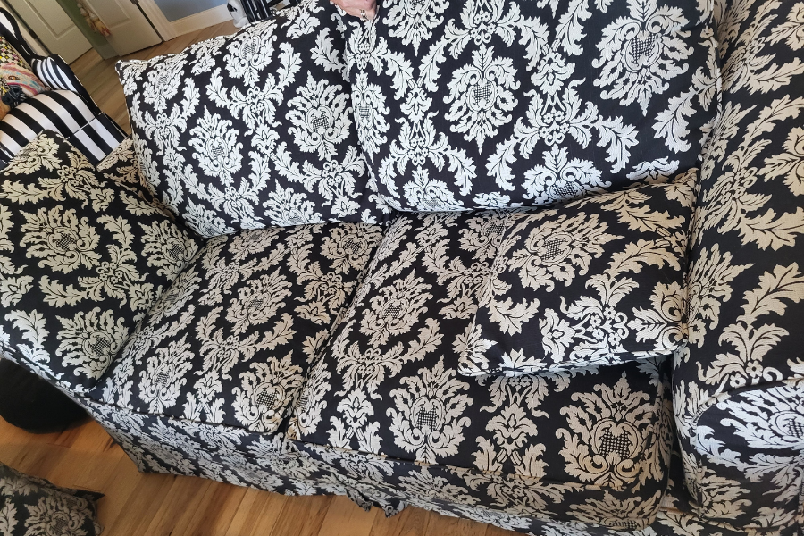 Professional upholstery cleaning service working on a fabric sofa in Tampa Bay home