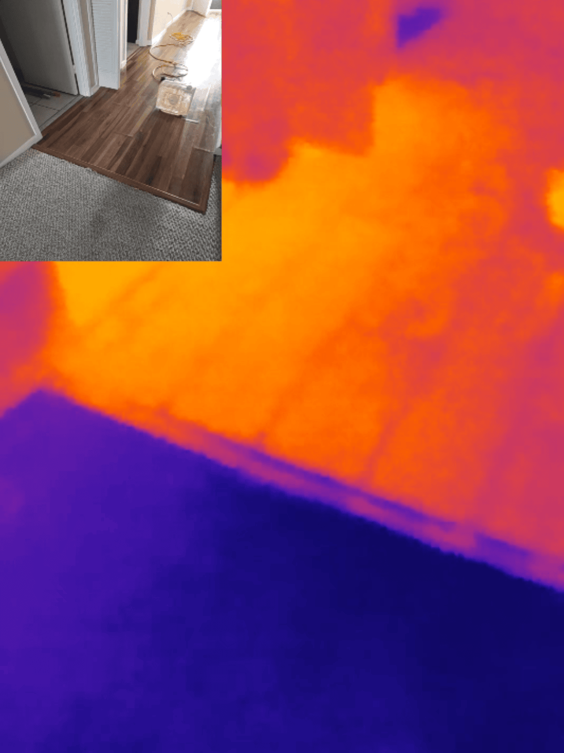 Thermal imaging of hallway near water heater leak