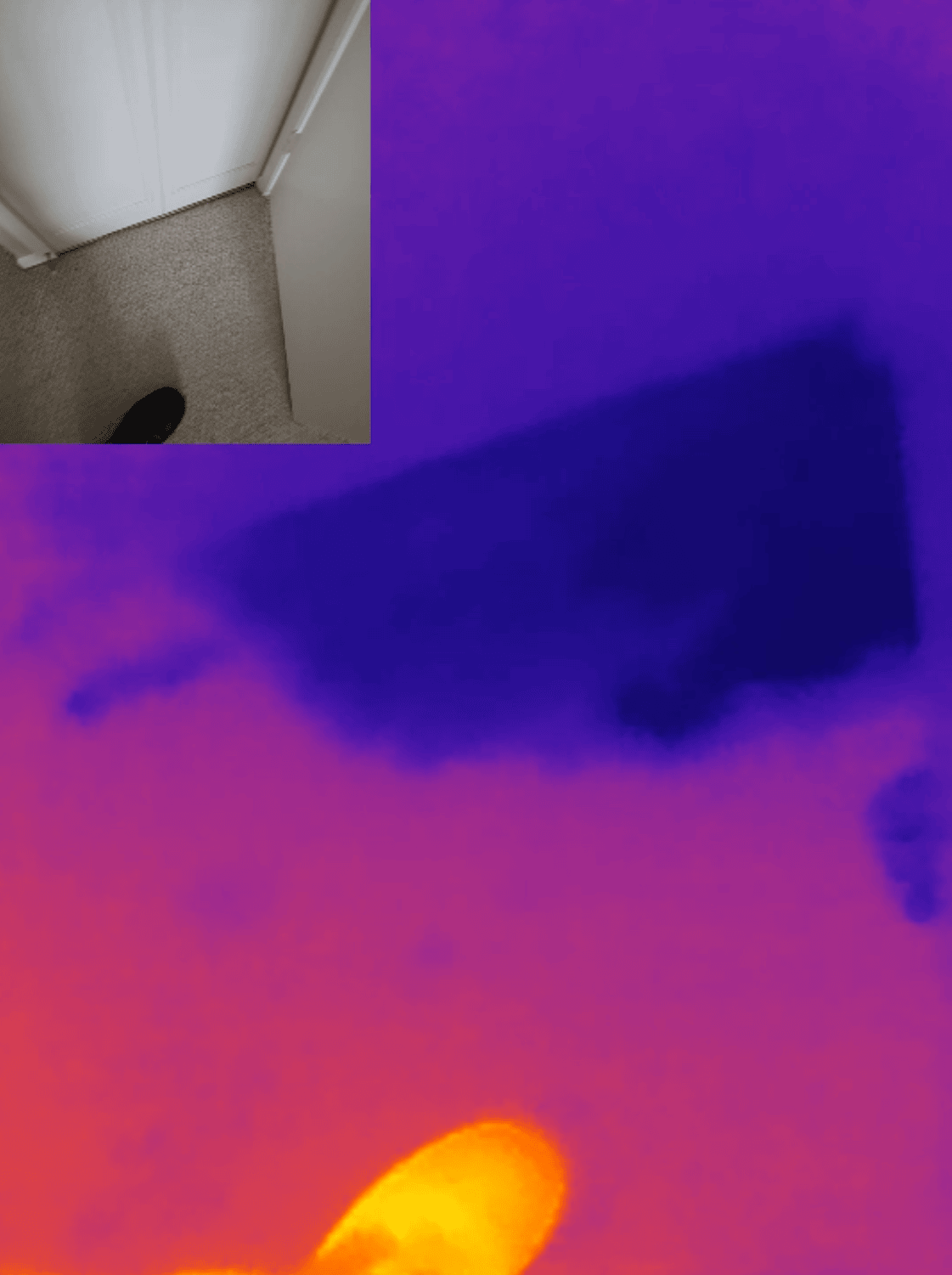 Thermal imaging scan near the failed hot water tank showing moisture