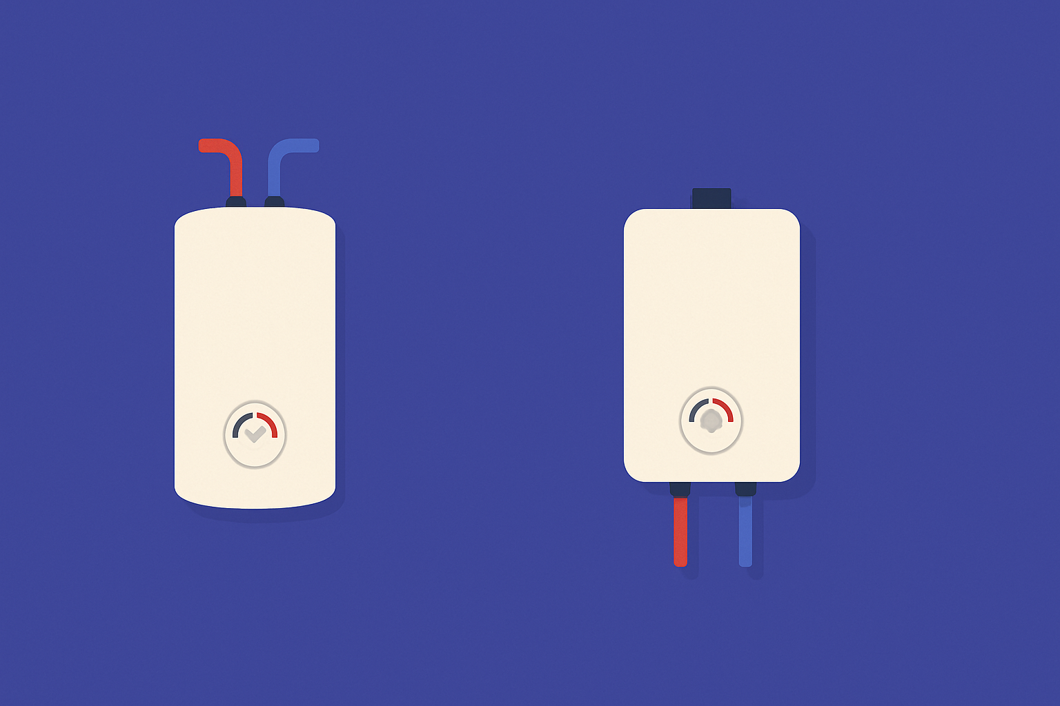 A traditional water heater and a tankless water heater next to each other.