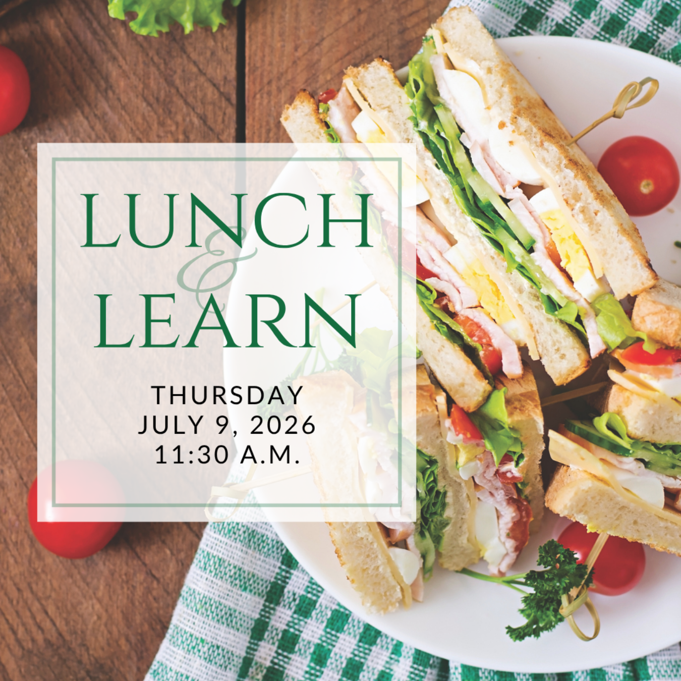 a plate of sandwiches on a table with the words lunch & learn on it