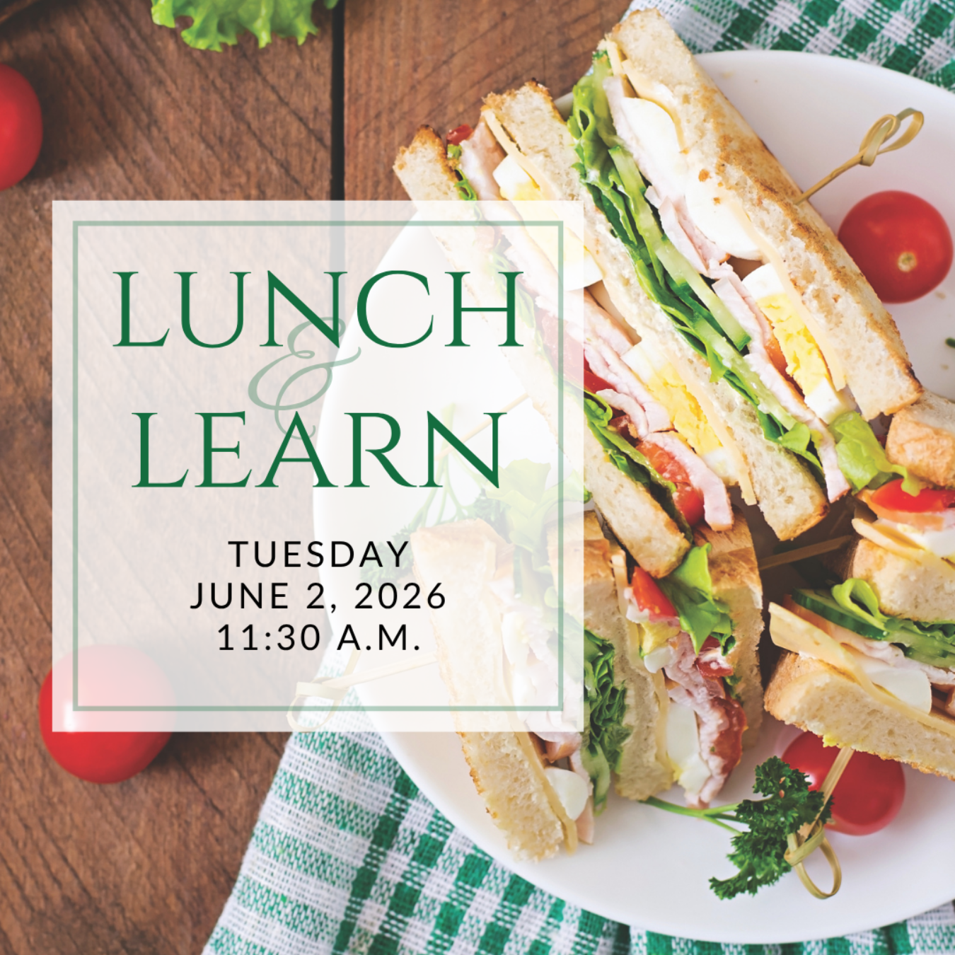 a plate of sandwiches on a table with the words lunch & learn on it