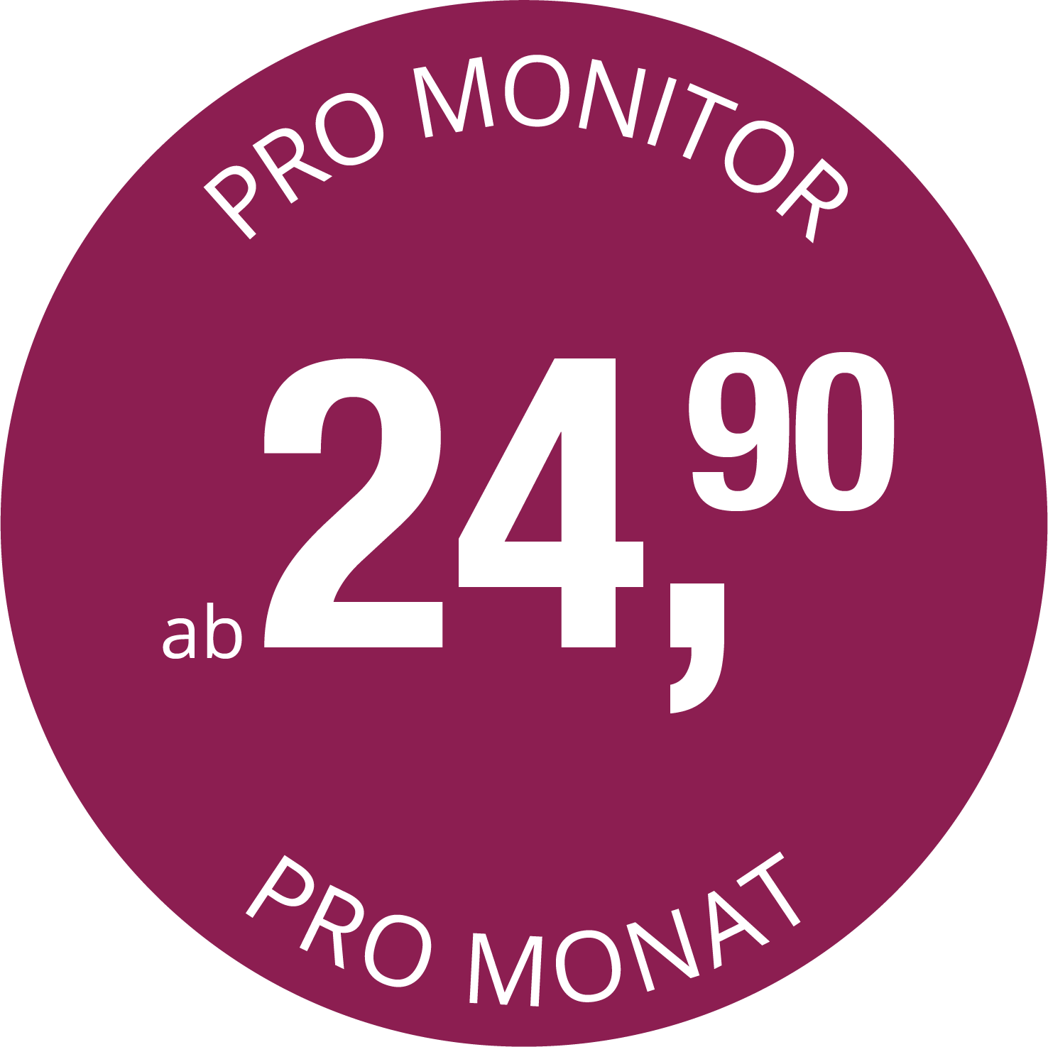 Kreisförmige Grafik: Oben „Pro Monitor“, in der Mitte „24,90“, unten „ab“, darunter „Pro Monat“. Lila Hintergrund, weiße Schrift.
