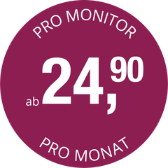 Kreisförmige Grafik: Oben „Pro Monitor“, in der Mitte „24,90“, unten „ab“, darunter „Pro Monat“. Lila Hintergrund, weiße Schrift.