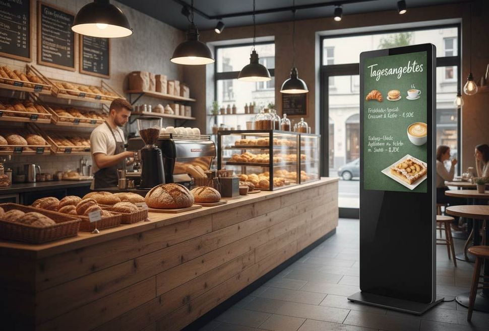 Das Innere einer Bäckerei mit einer Brottheke. Eine digitale Speisekarte zeigt die Backwaren an. Ein Barista arbeitet.