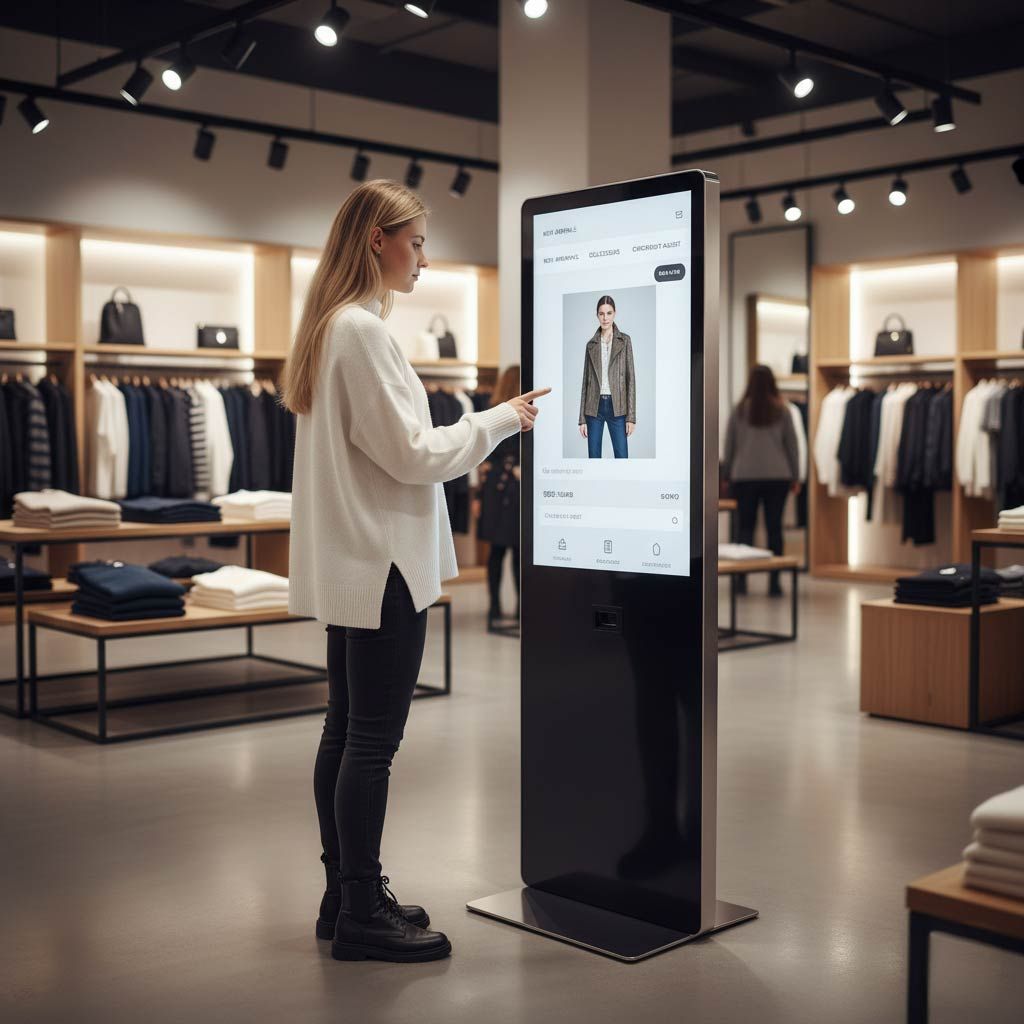 Eine Frau benutzt einen Touchscreen in einem Bekleidungsgeschäft und stöbert in der Auswahl von Kleidungsstücken.