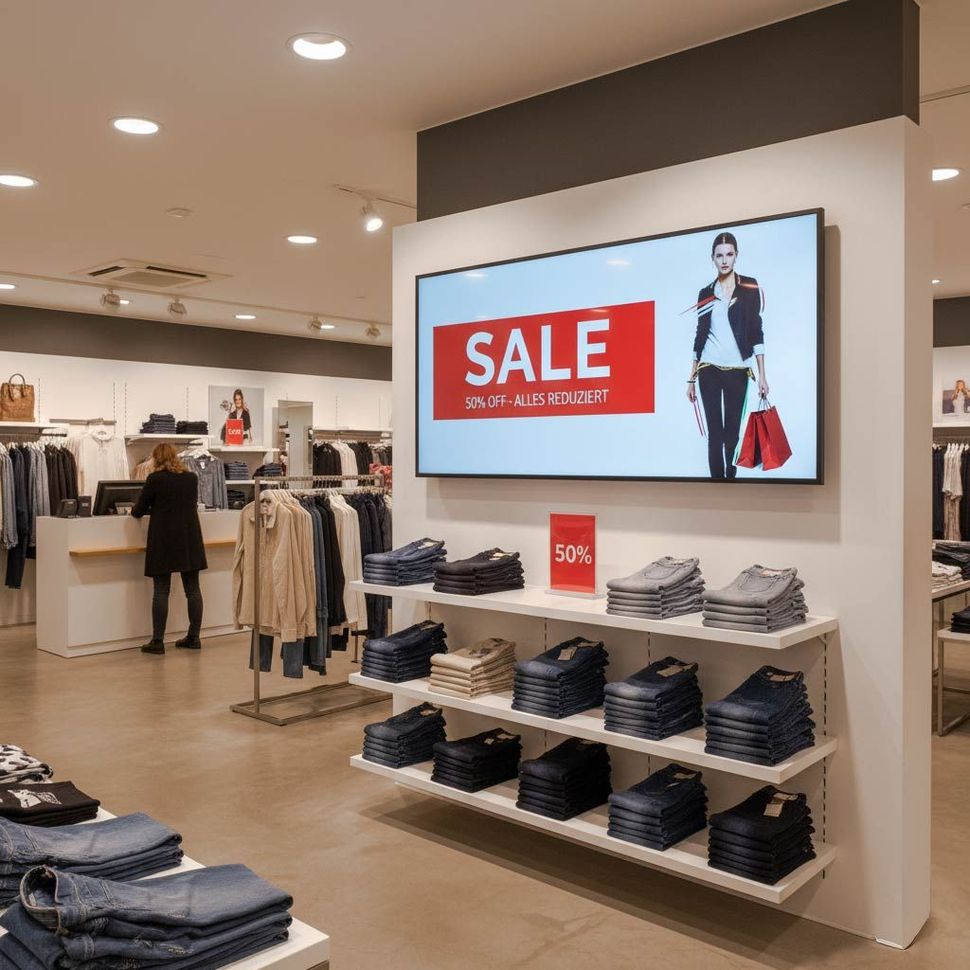 Innenansicht eines Bekleidungsgeschäfts mit einem großen Bildschirm mit der Aufschrift „SALE“ über Regalen mit gefalteten Jeans.
