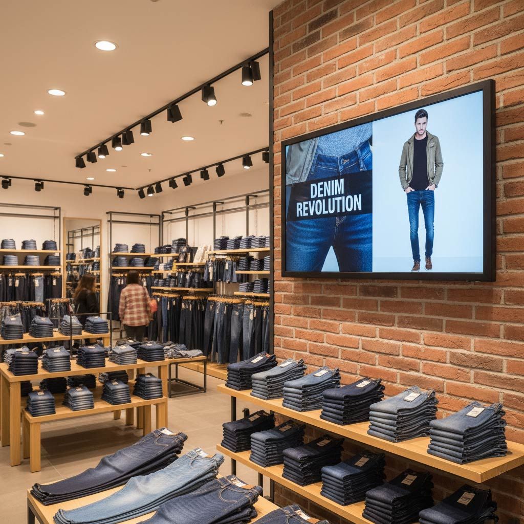 Innenansicht eines Jeansgeschäfts mit Auslagen, Backsteinwand und einem großen Bildschirm, auf dem eine Jeanswerbung läuft.
