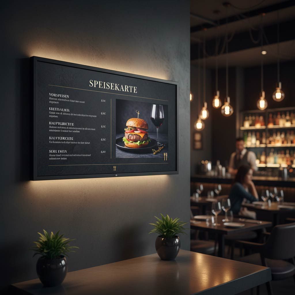 Restaurantinterieur mit digitaler Speisekarte, auf der ein Burger und ein Wein abgebildet sind, beleuchtet von stimmungsvoller Beleuchtung.