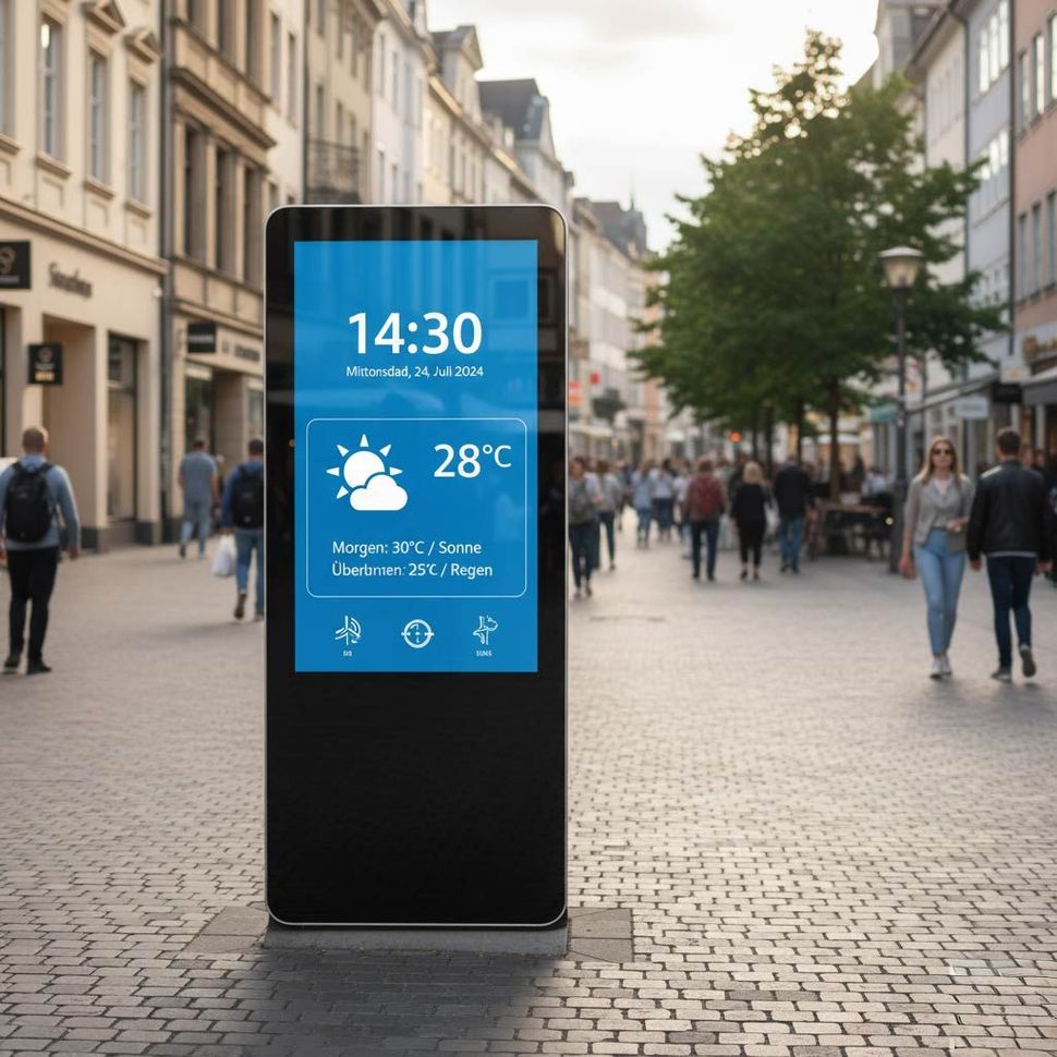 Ein digitaler Informationskiosk in einer Fußgängerzone zeigt Uhrzeit, Temperatur und Wettervorhersage an, während Menschen vorbeigehen.