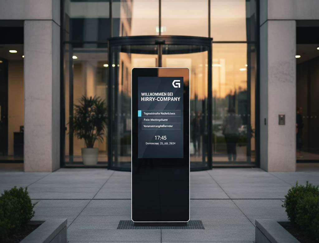 Digitales Wegweiserschild vor einem modernen Gebäude mit Drehtür. Informationen werden angezeigt.