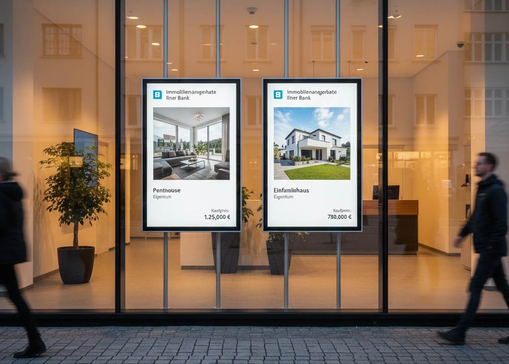 Zwei beleuchtete Immobilienanzeigen vor einem Gebäude; Menschen gehen vorbei.