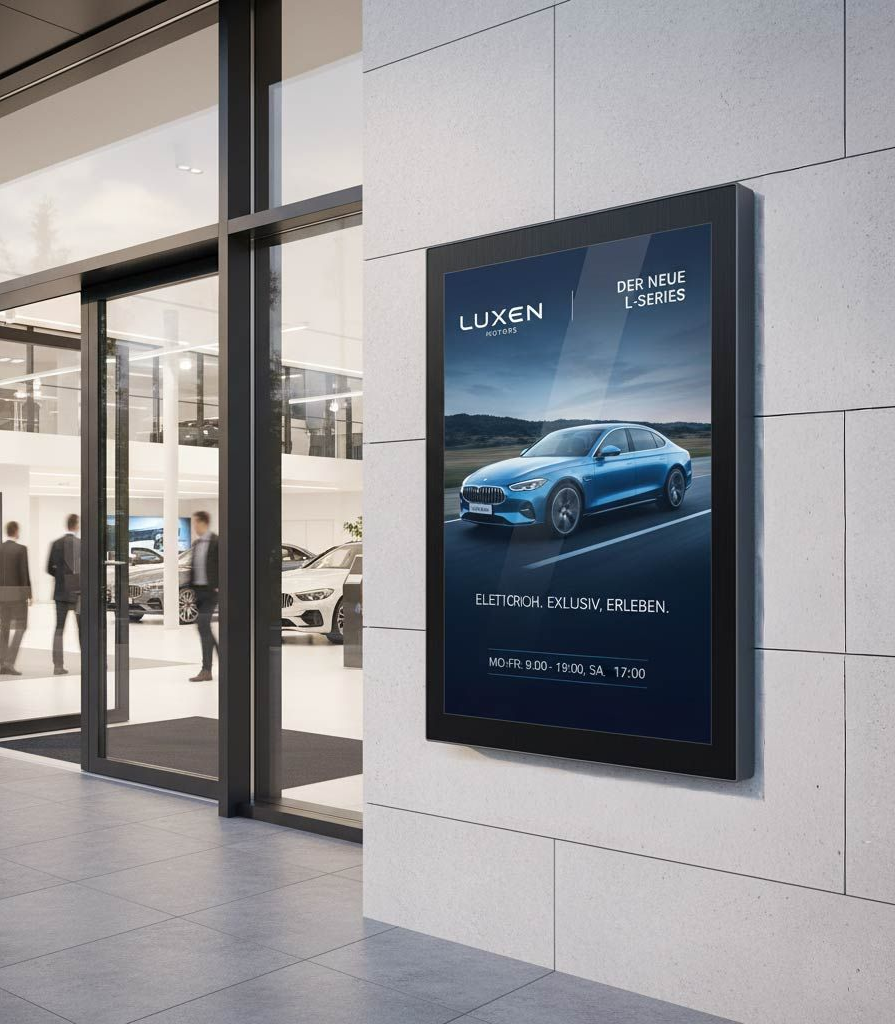 Plakat mit Werbung für ein blaues Auto vor einem Autohaus.
